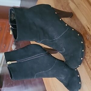 New Colin Stuart Black Suede Calf Boots with Chunky Wooden Heels
